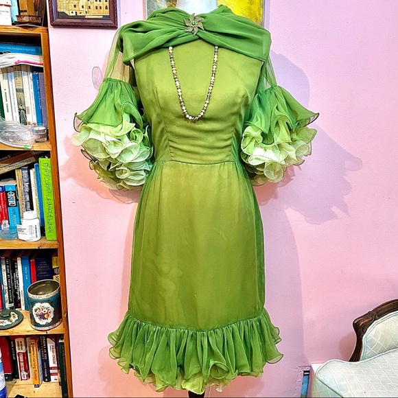 Vintage Dresses & Skirts - Vintage 1960s Miss Elliette Chiffon Ruffle Midi Dress with Matching Wrap